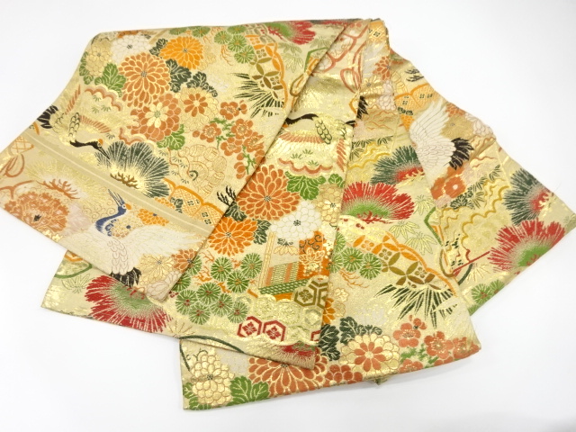  アンティーク　鶴に桧扇・菊・笠松・梅模様織り出し丸帯（材料）